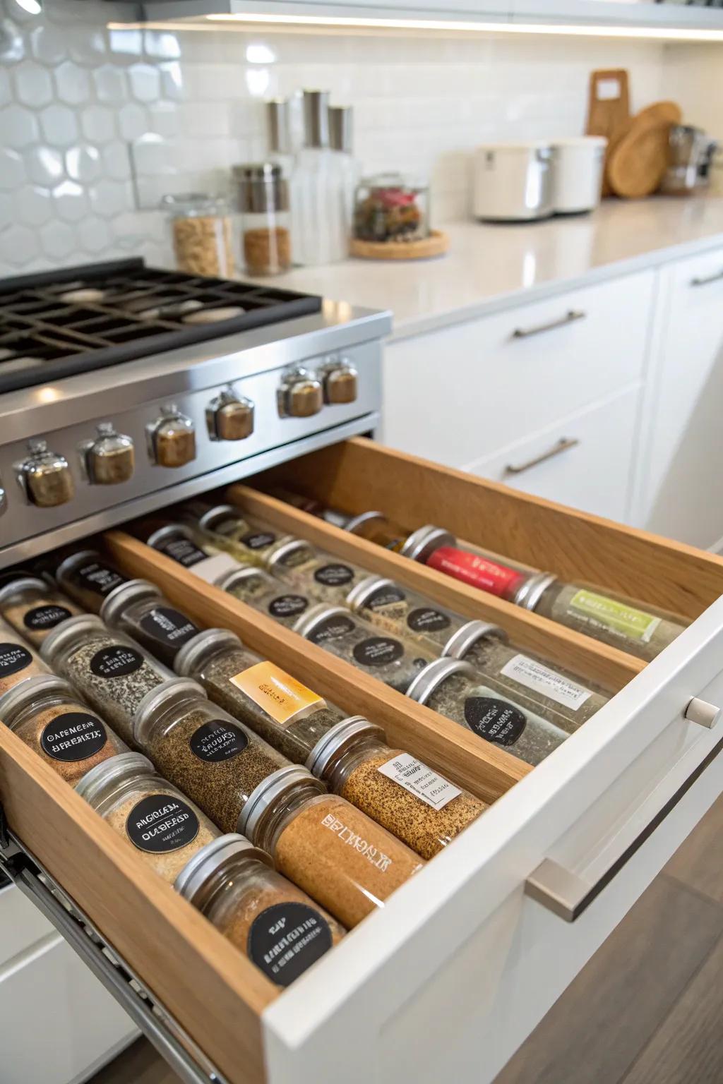 Organize your spices with labeled jars for quick access and a professional touch.
