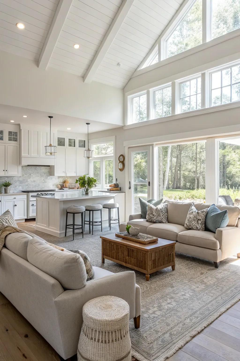 Light colors create a refreshing and spacious feel in this open concept area.