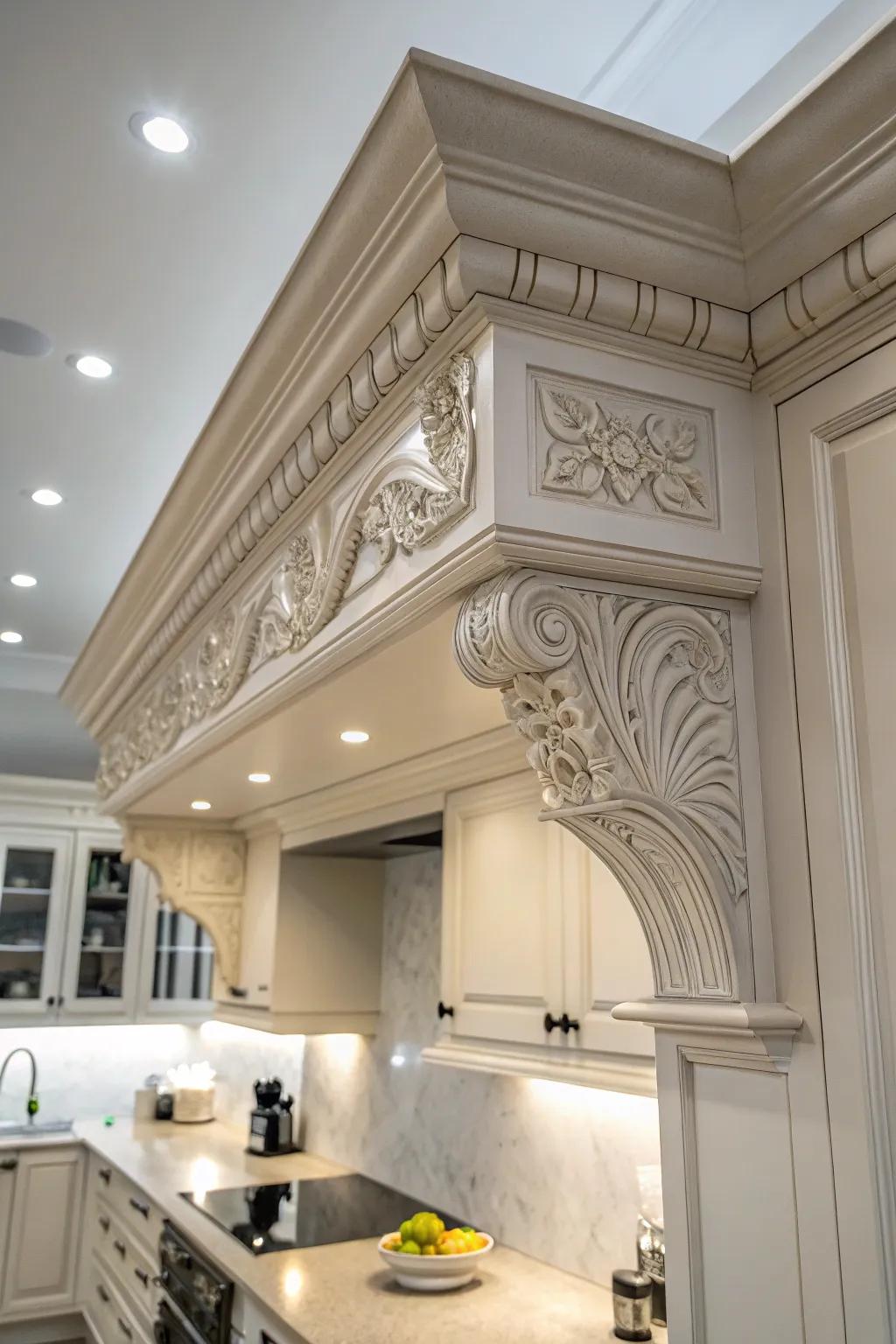 Decorative moldings enhancing the kitchen soffit with an elegant touch.