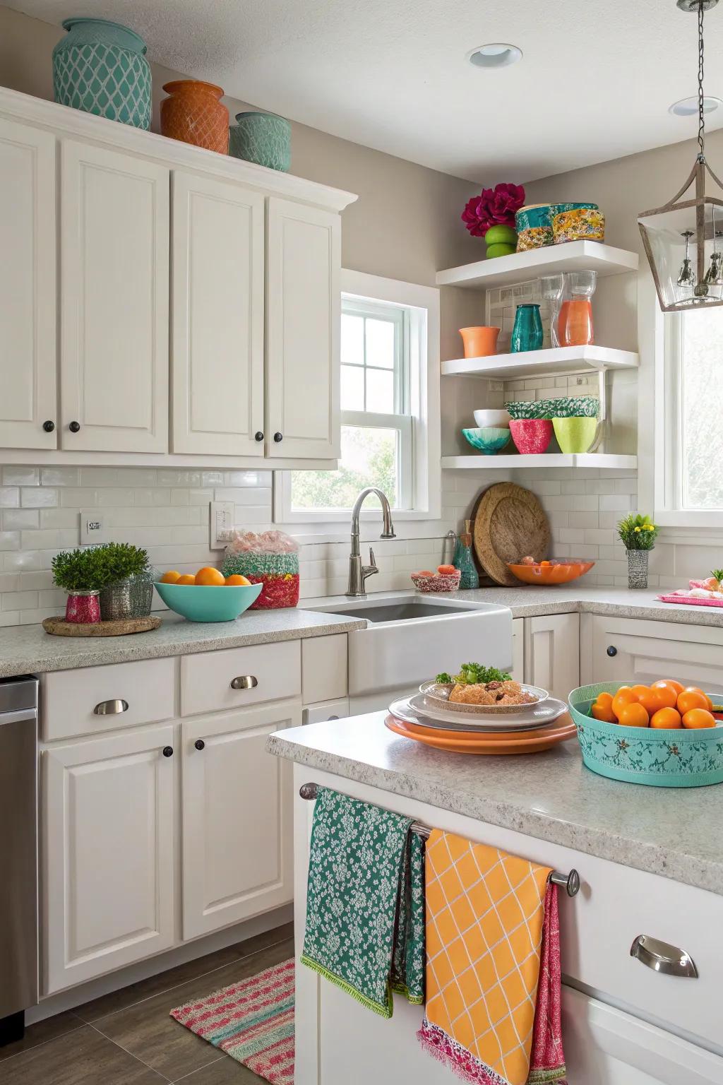 Bright accessories infuse vibrancy into an otherwise neutral-toned cooking area.