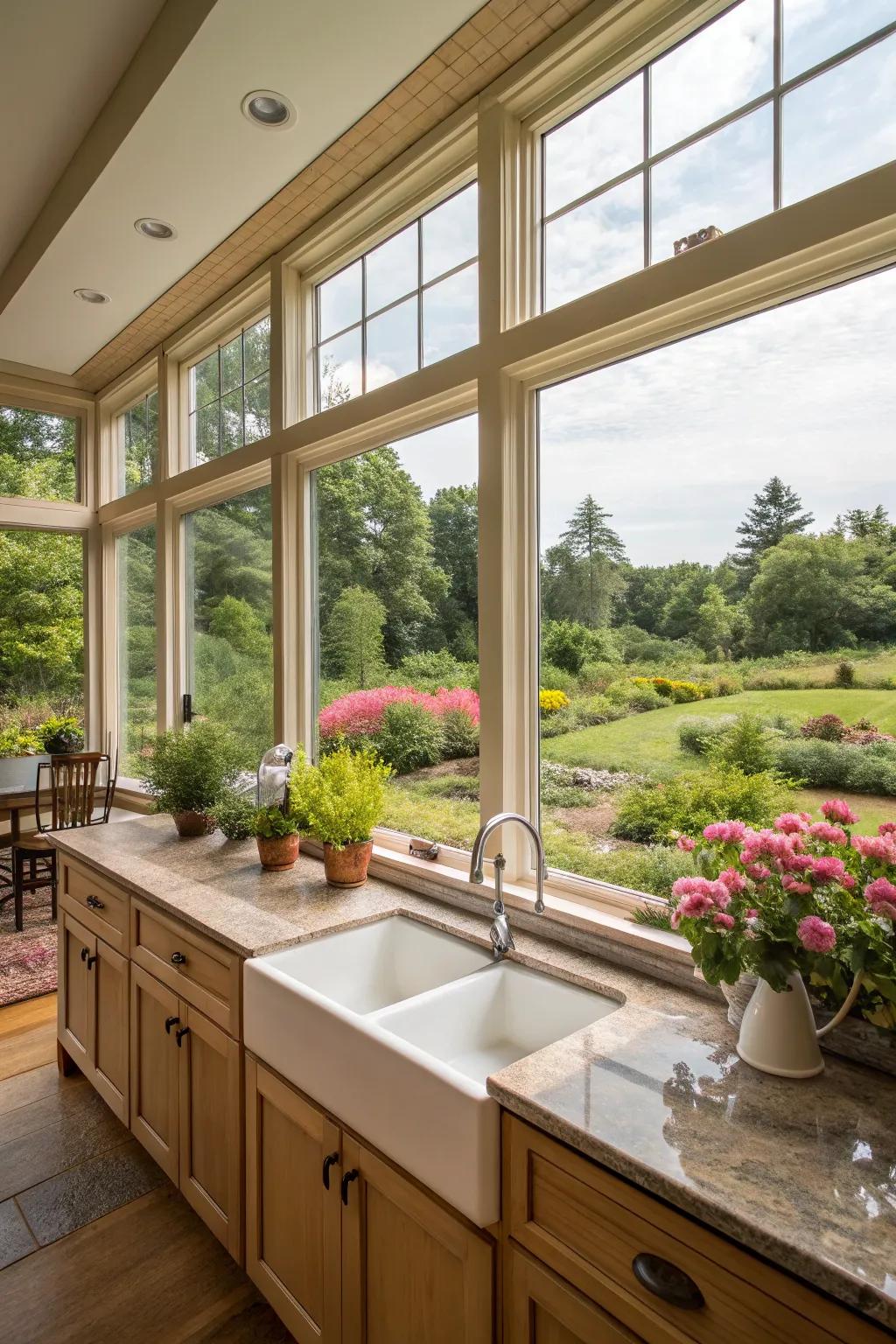 A kitchen with panoramic windows offering a breathtaking garden view.