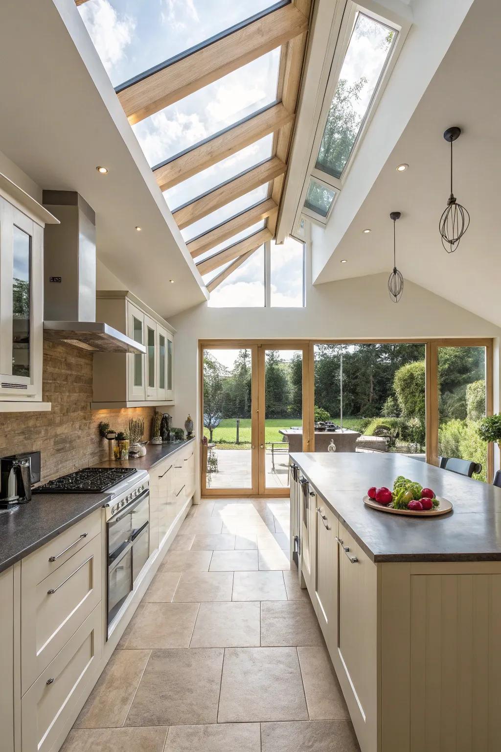 Skylights illuminate this kitchen, accentuating its vaulted ceiling and open layout.