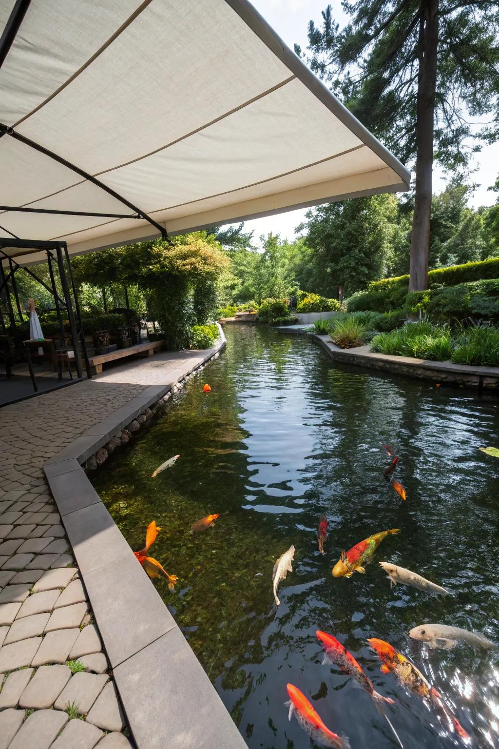 A koi pond featuring a retractable canopy, providing flexible shade options.