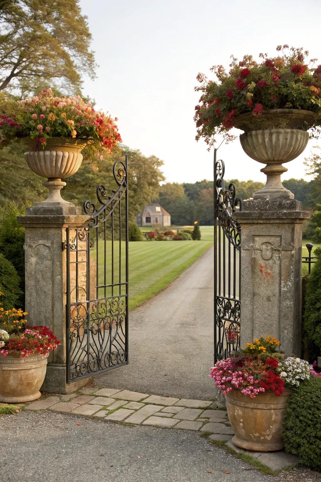 A grand entrance with a decorative gate and lush planters.