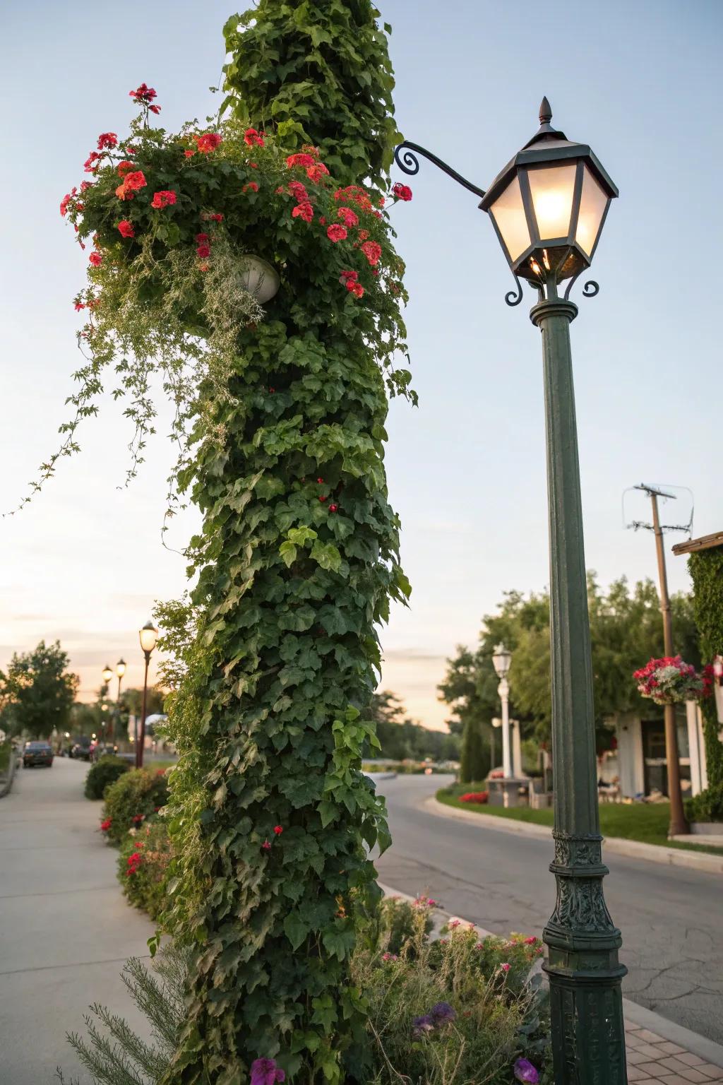 Climbing vines adding natural elegance to a lamp post.