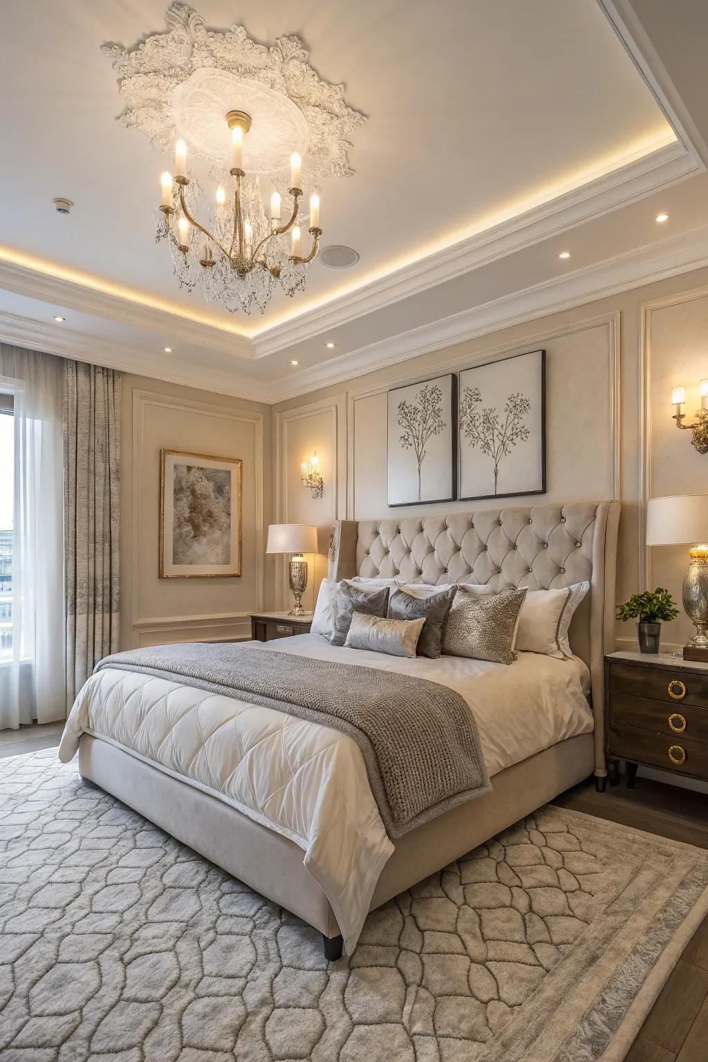 A sophisticated bedroom with large crown molding, creating a serene and elegant atmosphere.