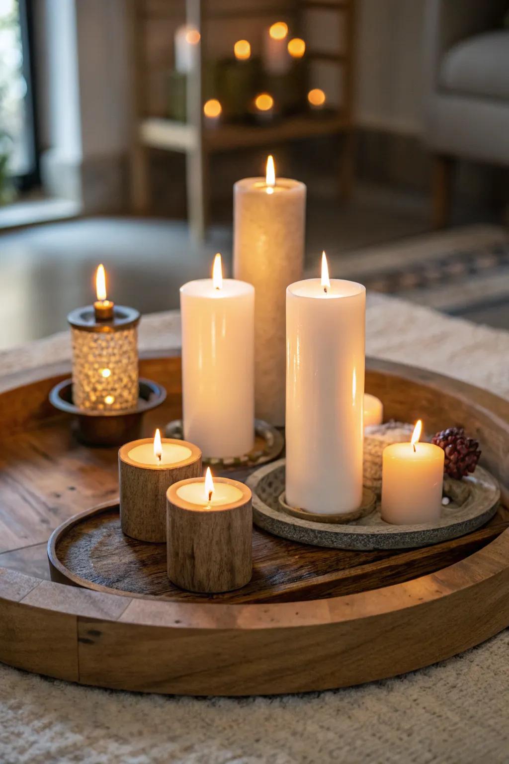 Candles arranged on a lazy Susan for a cozy and inviting atmosphere.