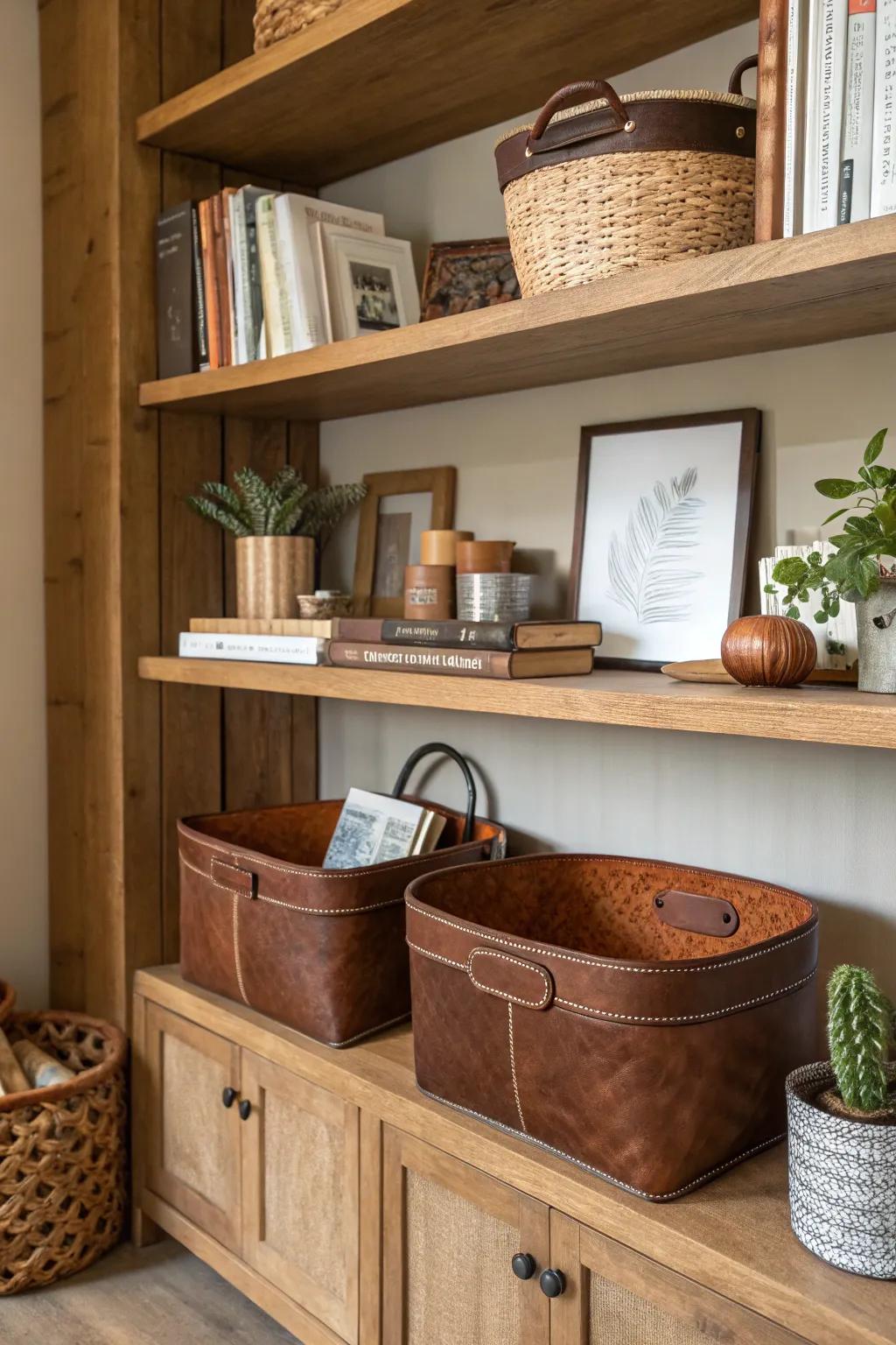 Organize with style using leather baskets.