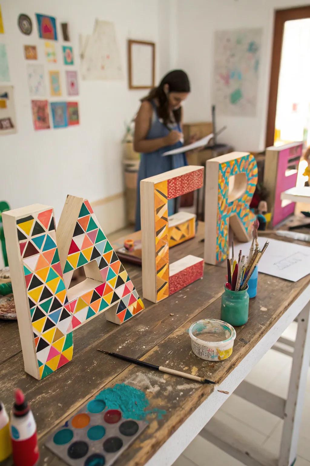 Wood letters adorned with lively geometric designs.