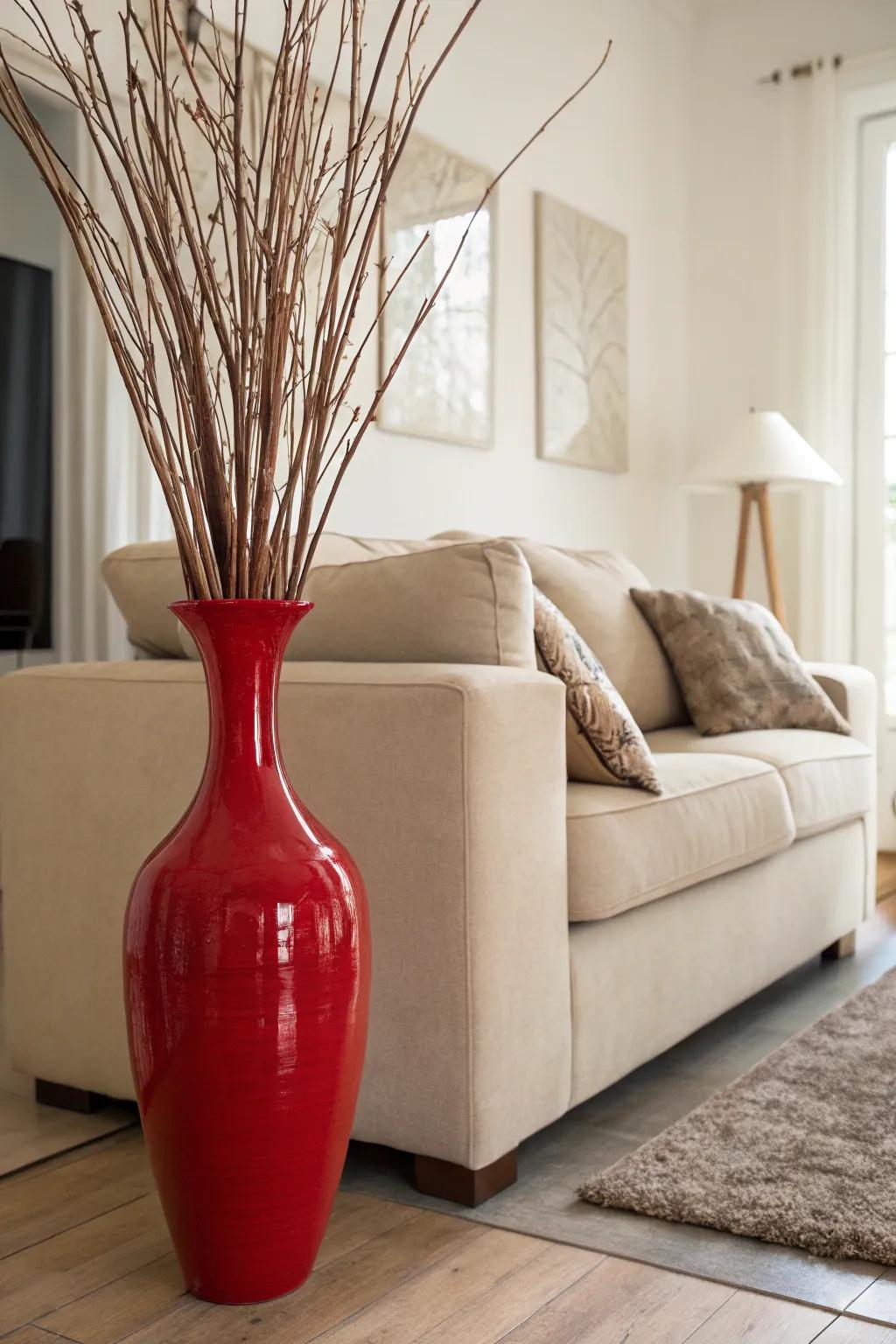 A vibrant red floor vase provides a striking contrast in a neutral-toned living room.