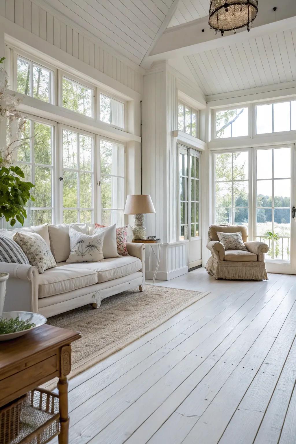 A sunlit living room that highlights the airy appeal of white wood floors.