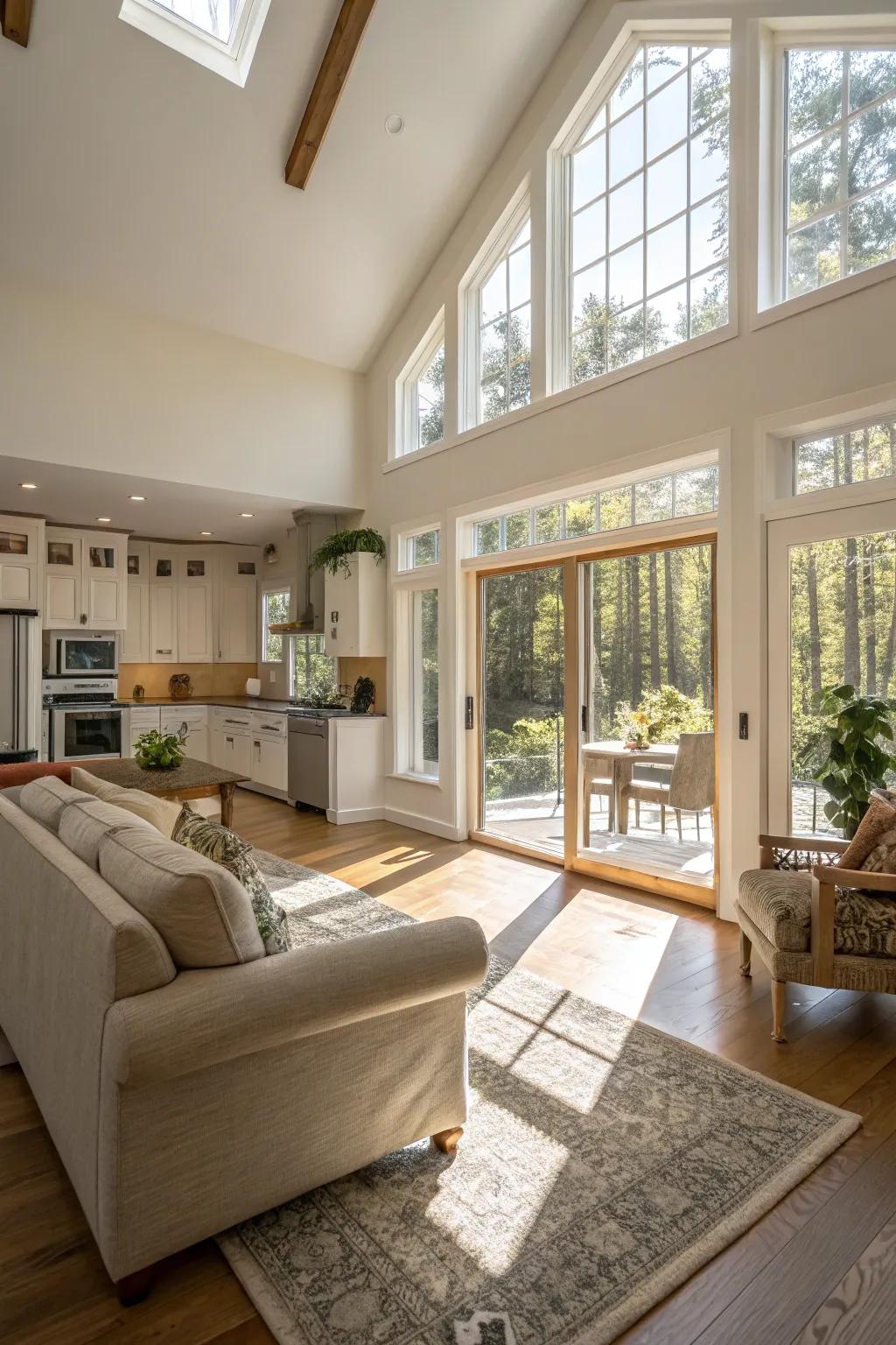 A bright and airy living room with kitchen, filled with natural light.