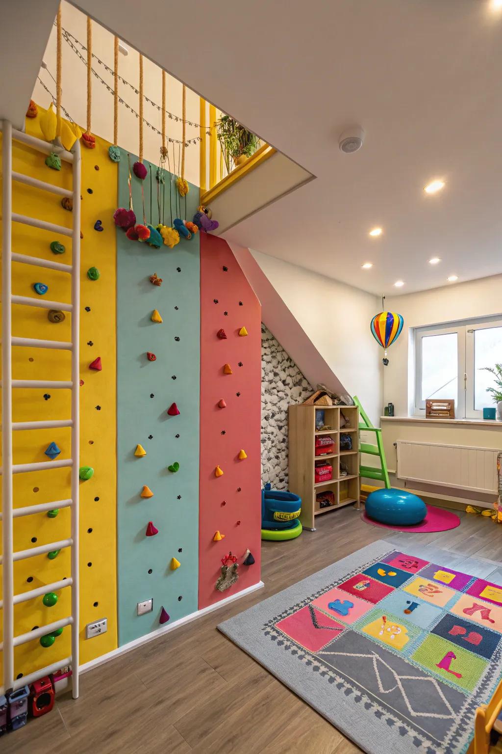 An engaging climbing wall provides a space for adventurous play.
