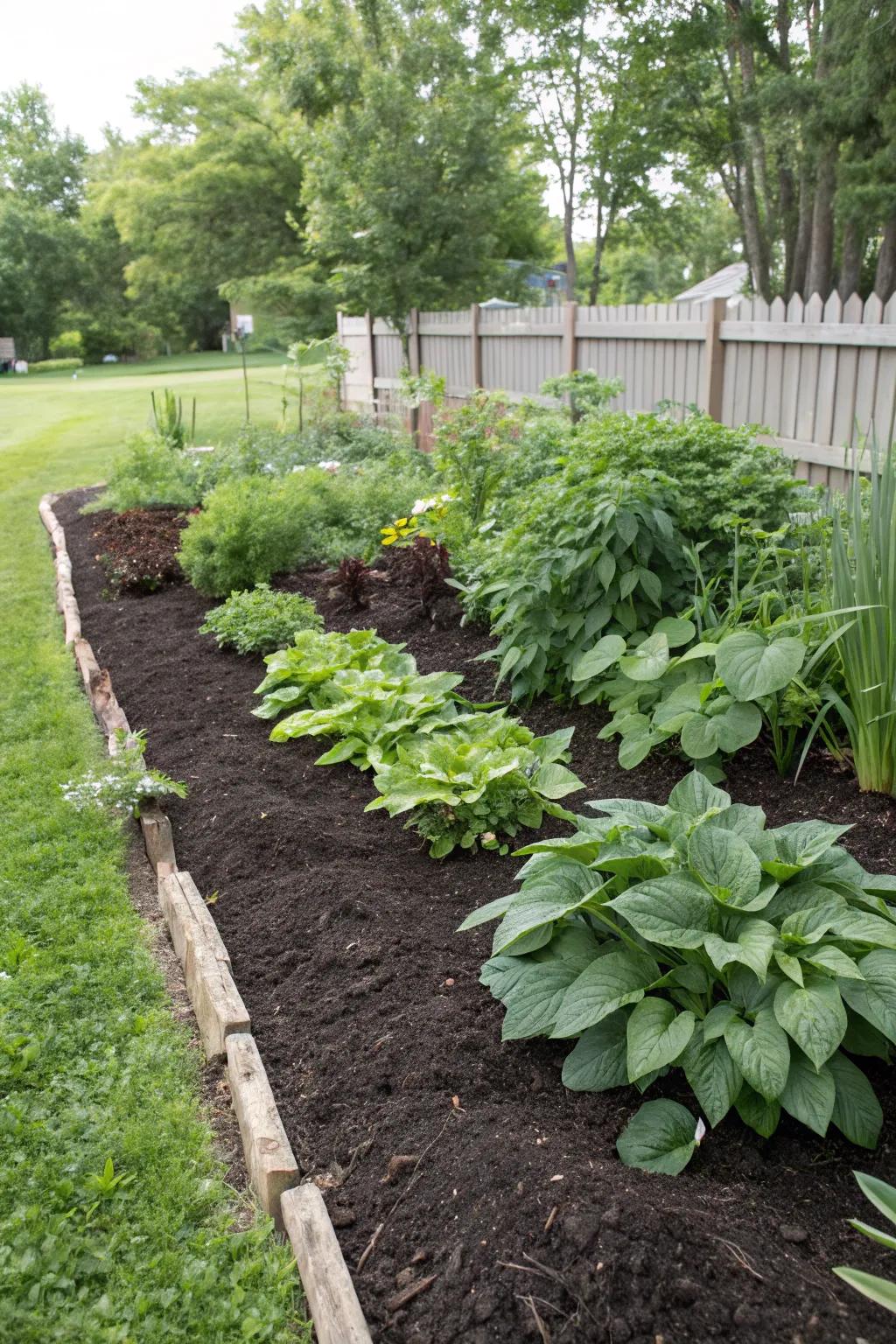 A mulched garden bed that retains moisture and suppresses weeds.