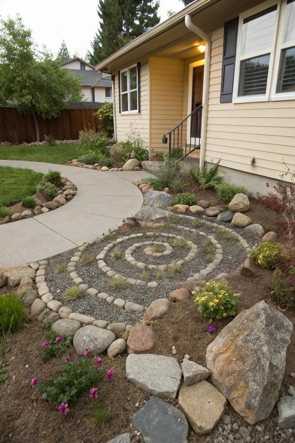 A creative spiral rock feature in a front yard landscape.