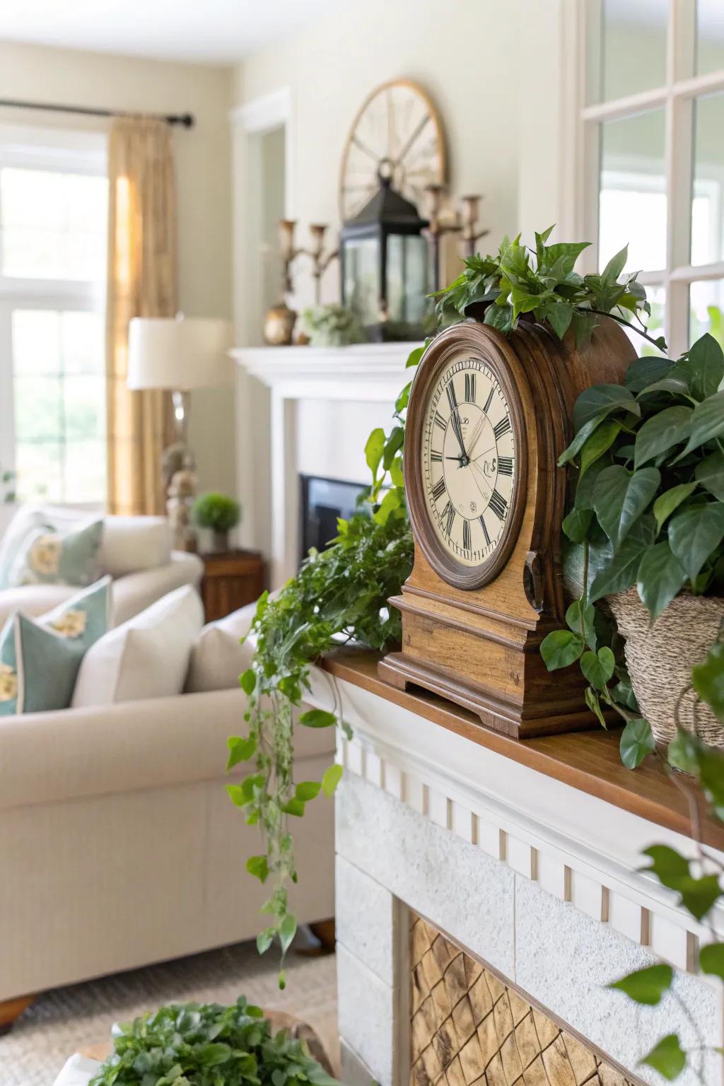 A mantel clock complemented by lush greenery.