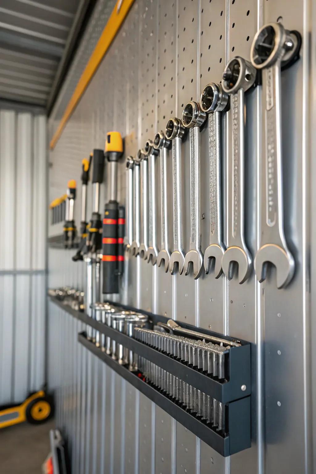 Magnetic retainers ensure implements are conspicuously displayed and readily obtainable.