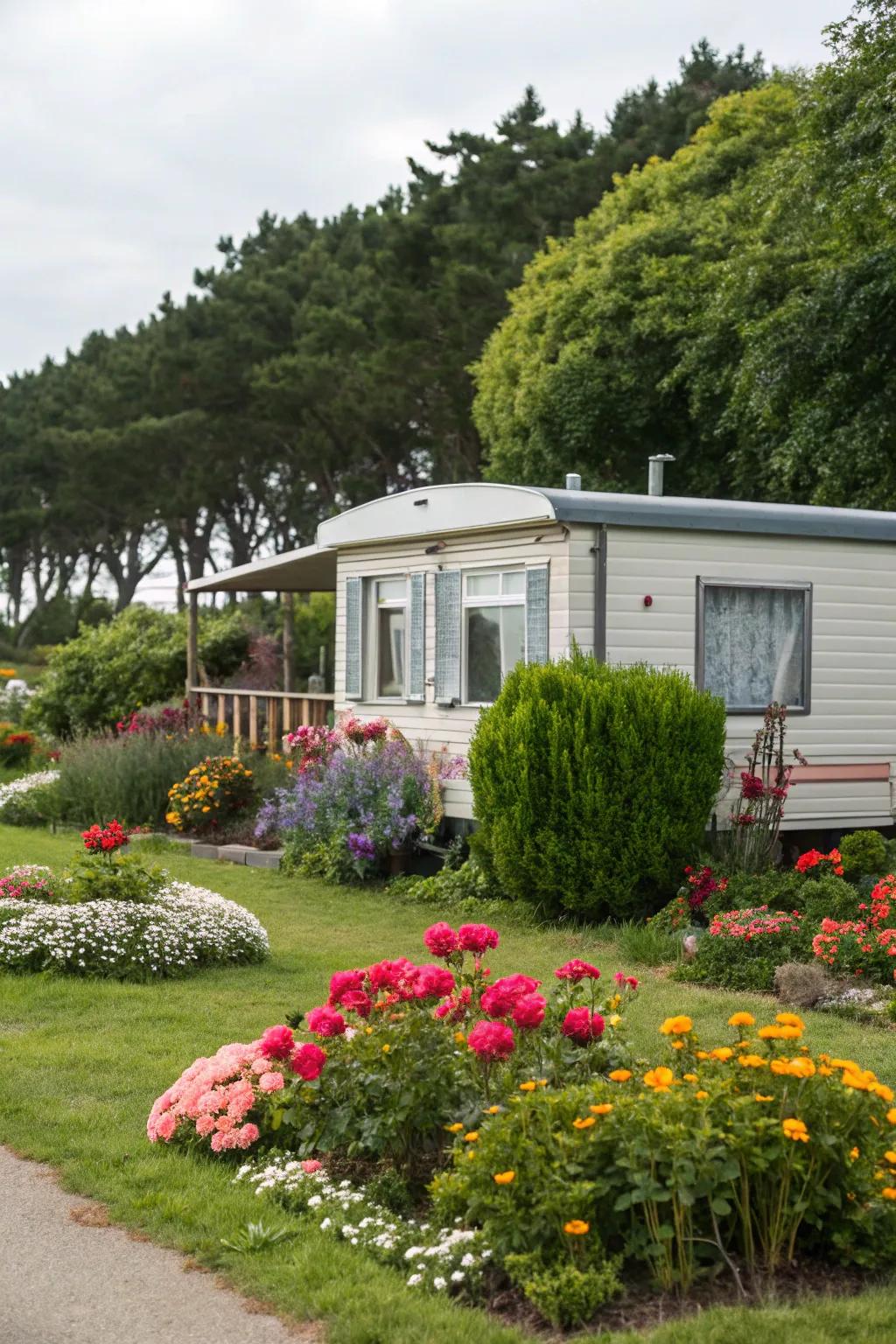 A mobile home framed by vibrant flower beds and lush greenery.