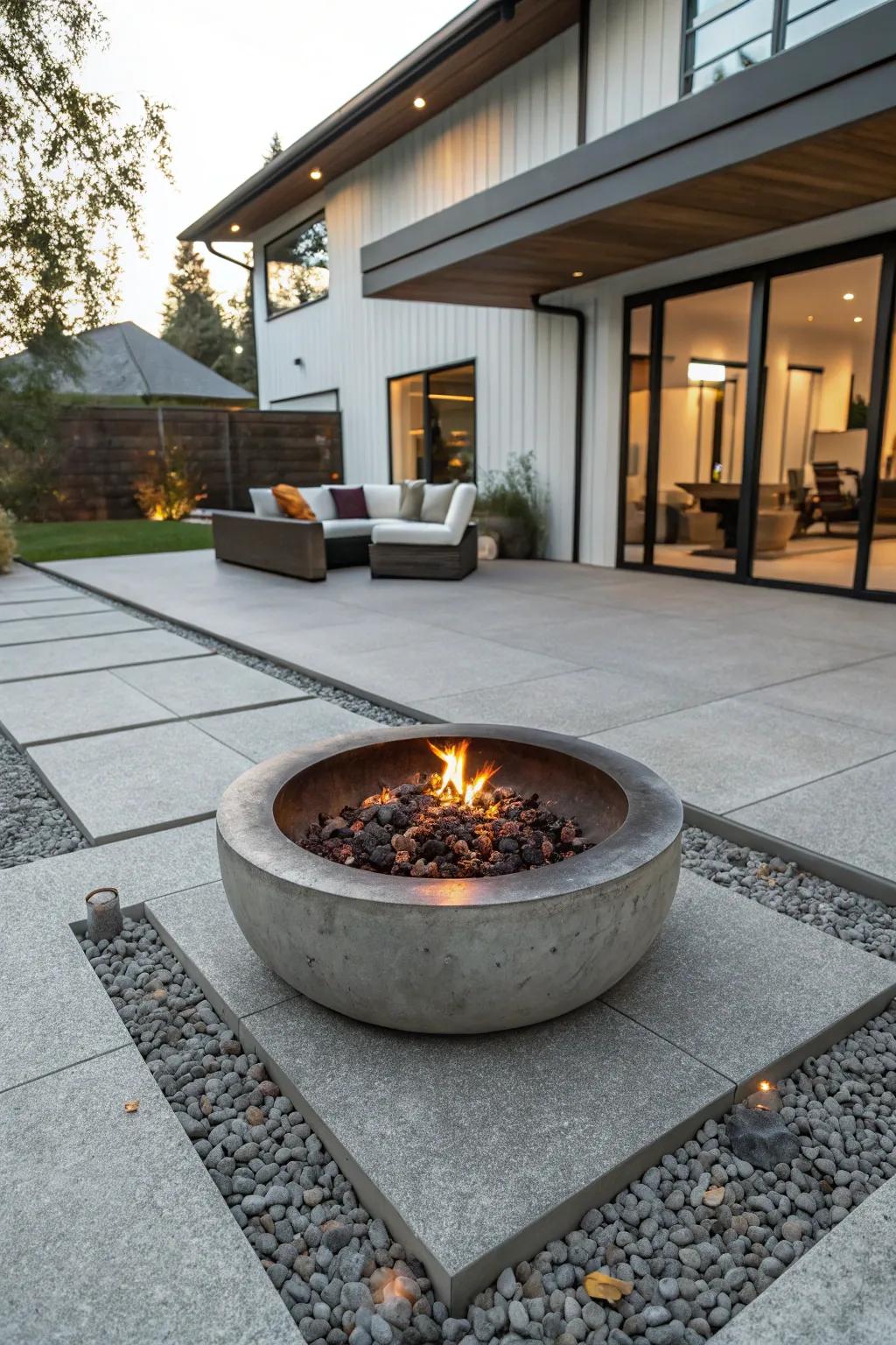 A modern patio with a central fire pit for cozy gatherings.