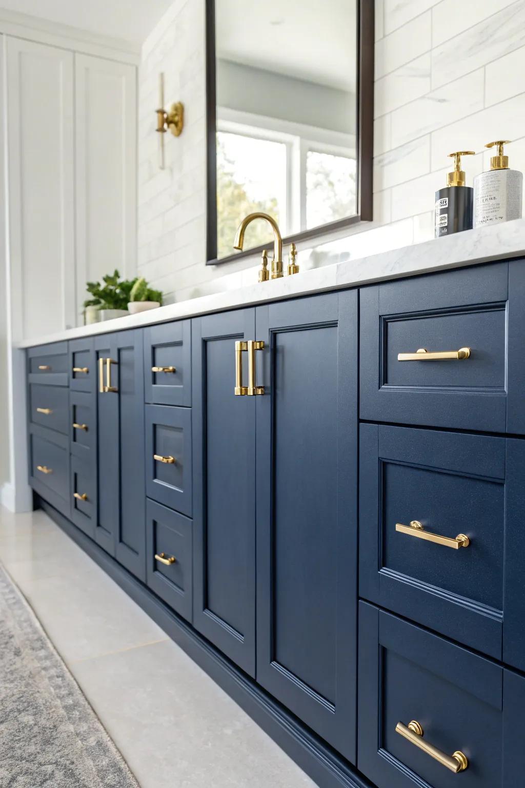 Brass fixtures add warmth and sophistication to navy blue cabinets.