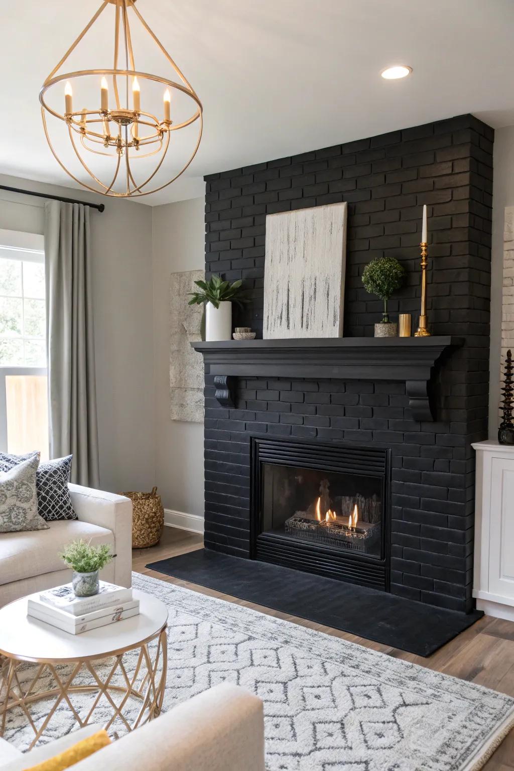 Black painted brick fireplace adds dramatic flair.