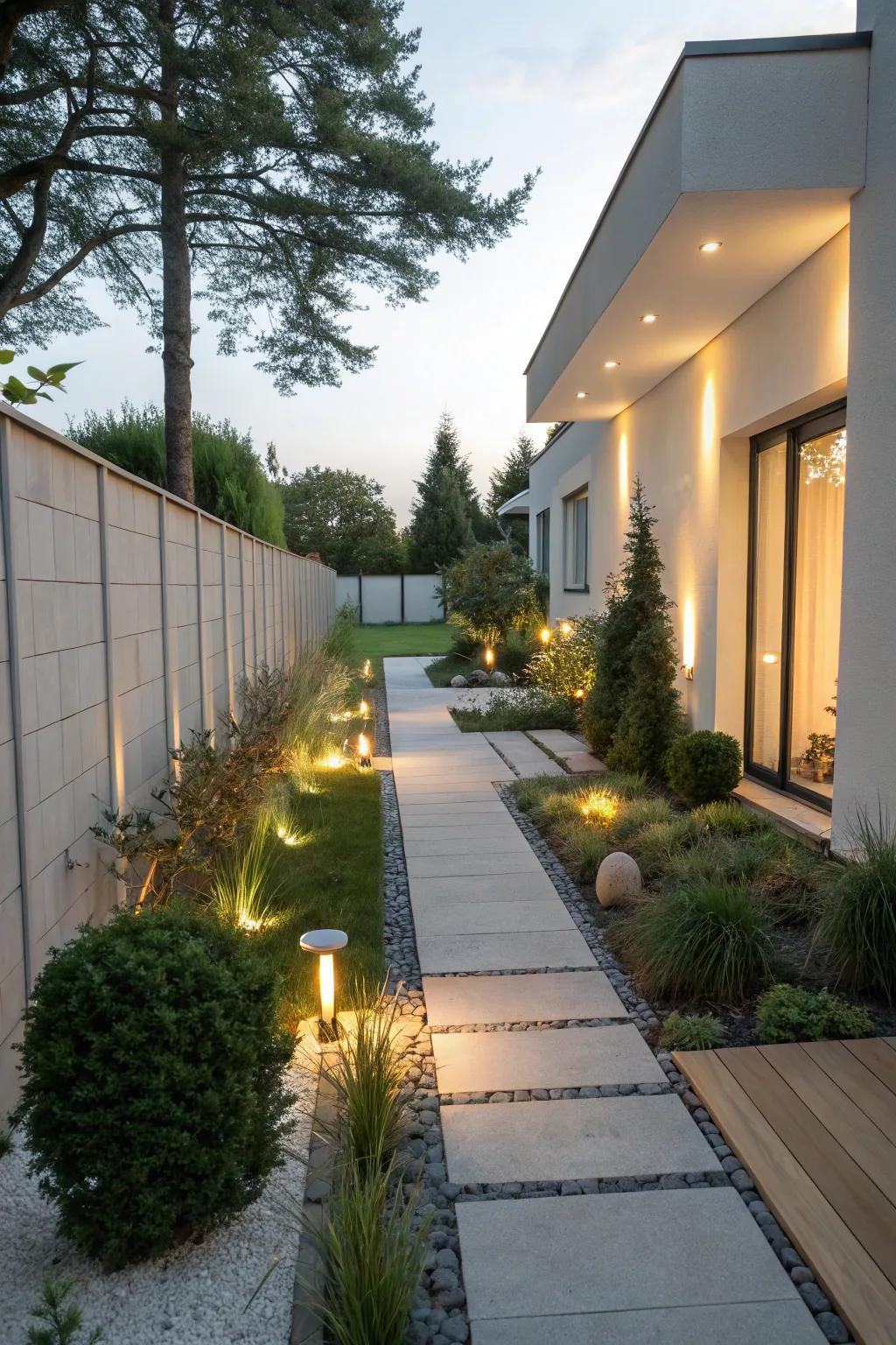 Subtle lighting enhances the ambiance of your side yard.