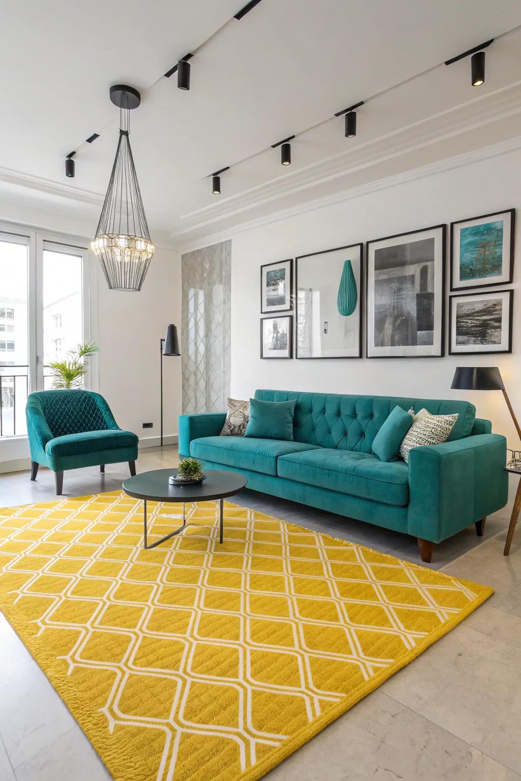 A yellow rug adds warmth and vibrancy to any living room.