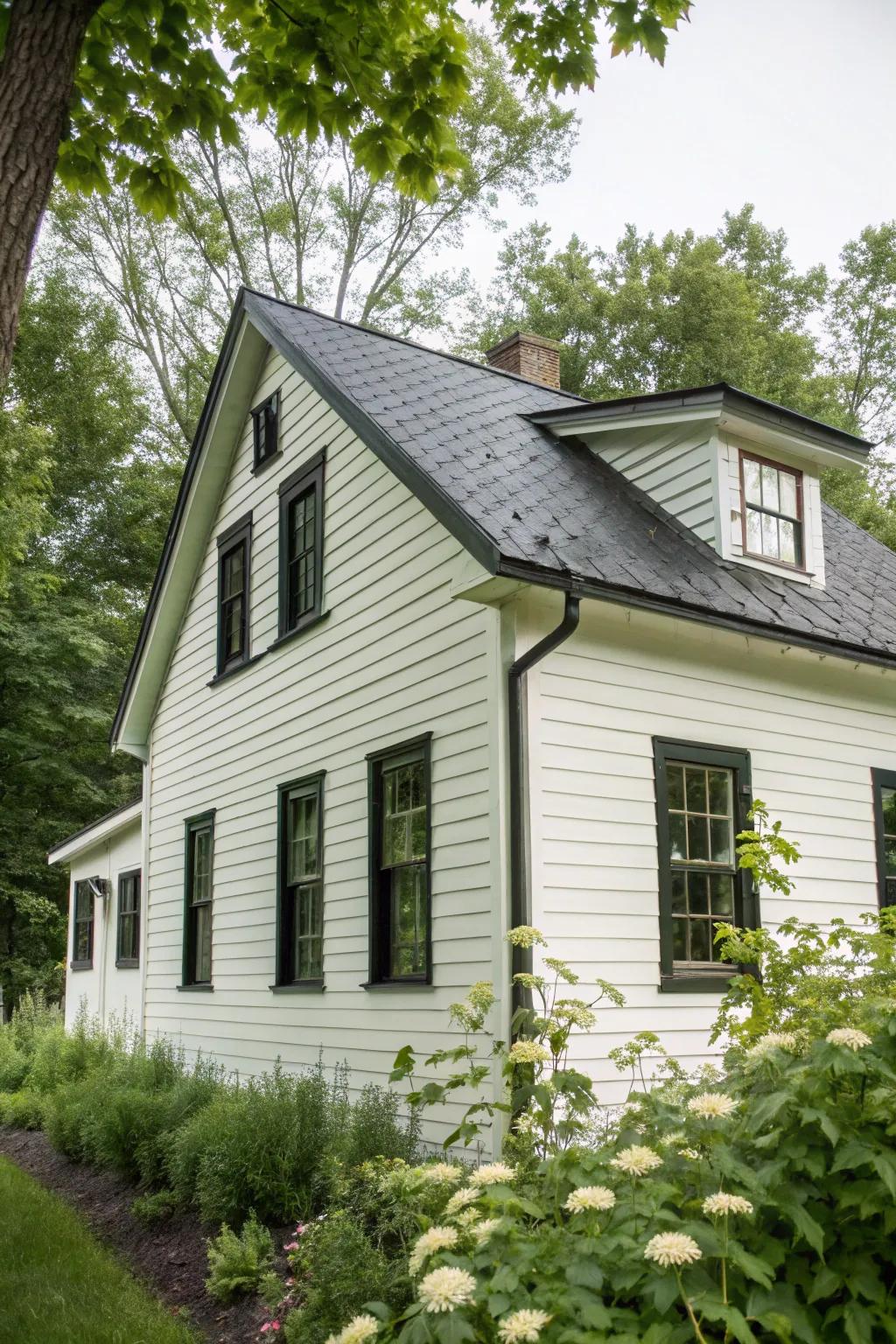 A contemporary white facade accentuated by striking dark roofing and window casings.