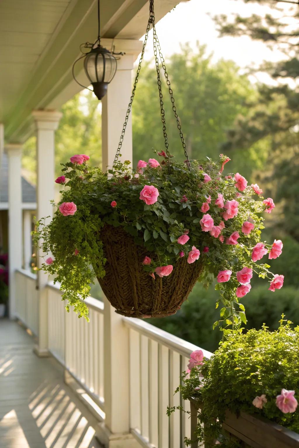 Suspended baskets adorned with sun jewels infuse any veranda with allure.