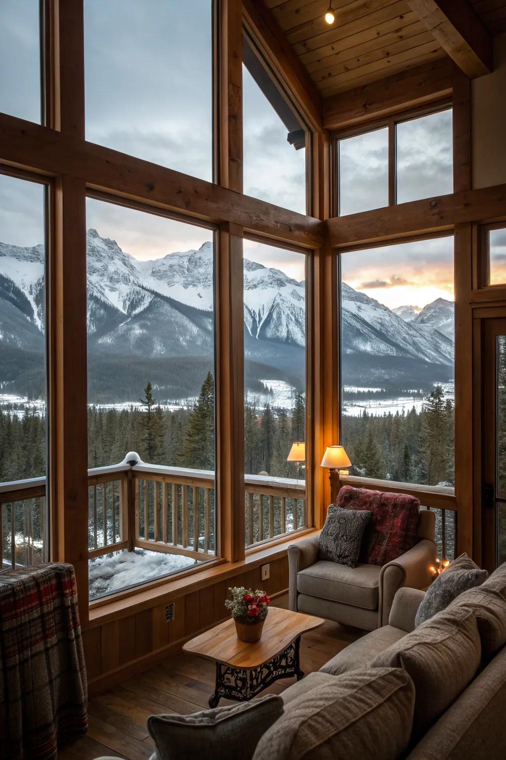 Floor-to-ceiling windows offering panoramic mountain views.