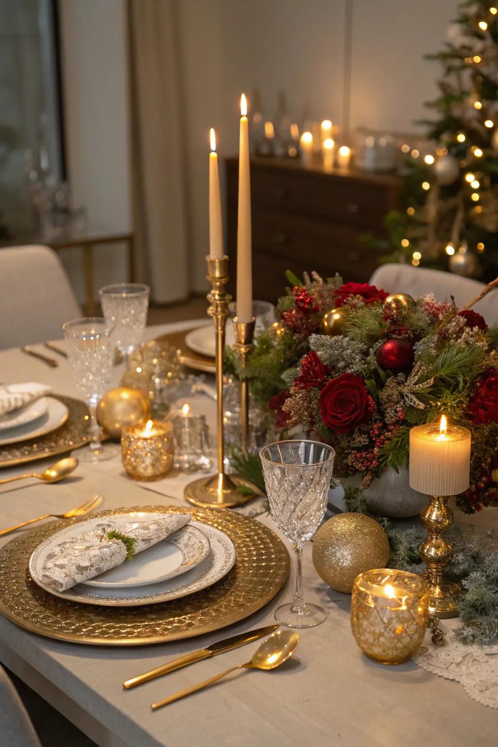 Create an elegant table setting with metallic accents.