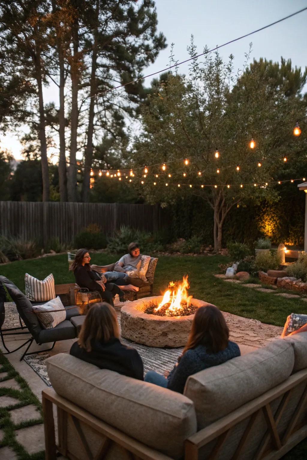 An outdoor hearth establishes a snug central point for your evening get-together.