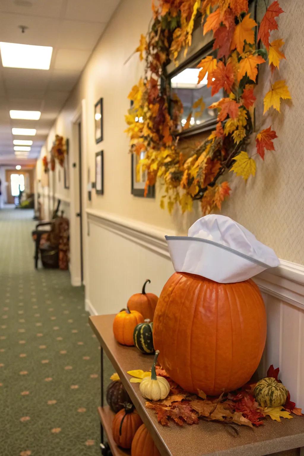 A pumpkin with a nurse's cap adds a touch of nostalgia.