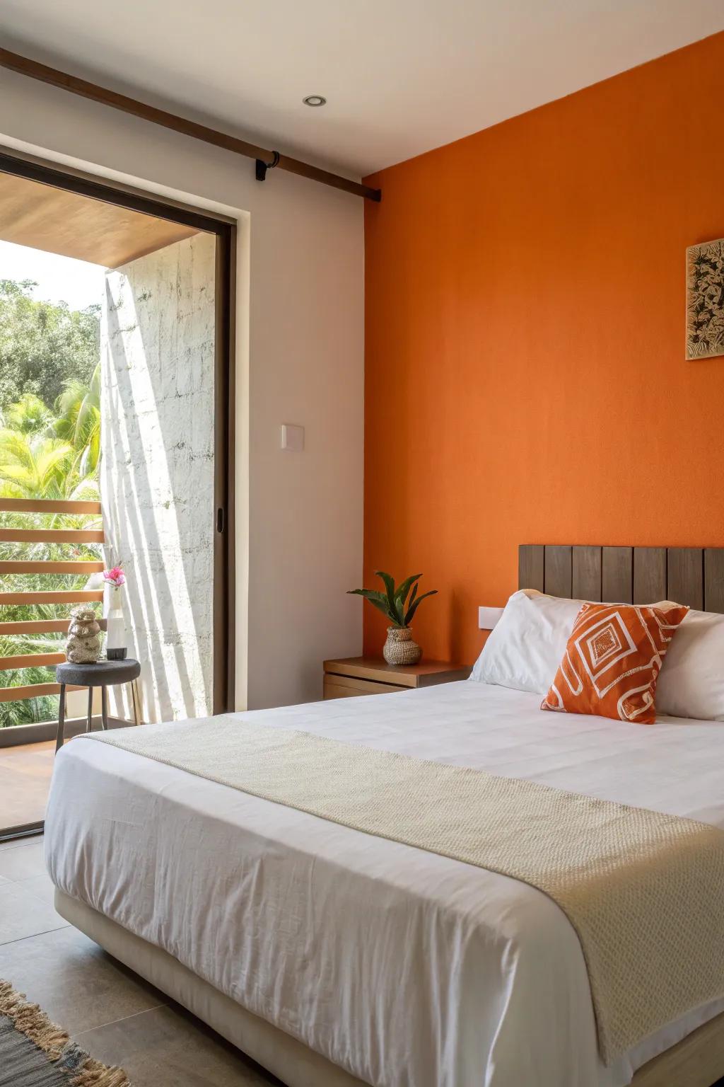 An orange accent wall adds a pop of color without overpowering the space.