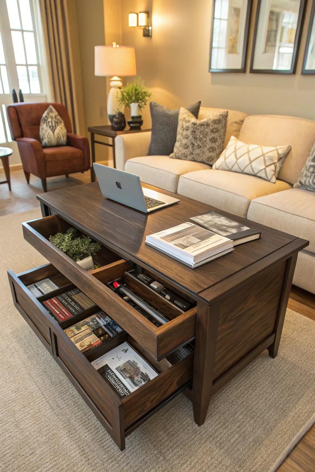 A coffee table with storage is both chic and functional.