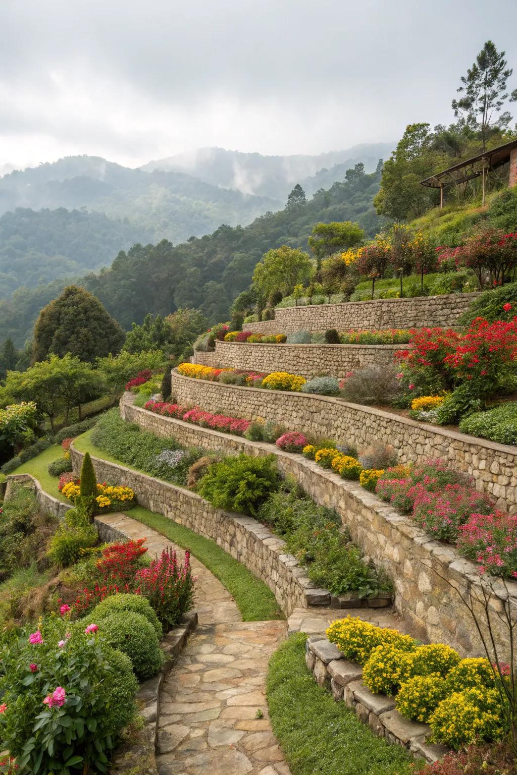 Terraced stone walls turn slopes into beautiful garden features.