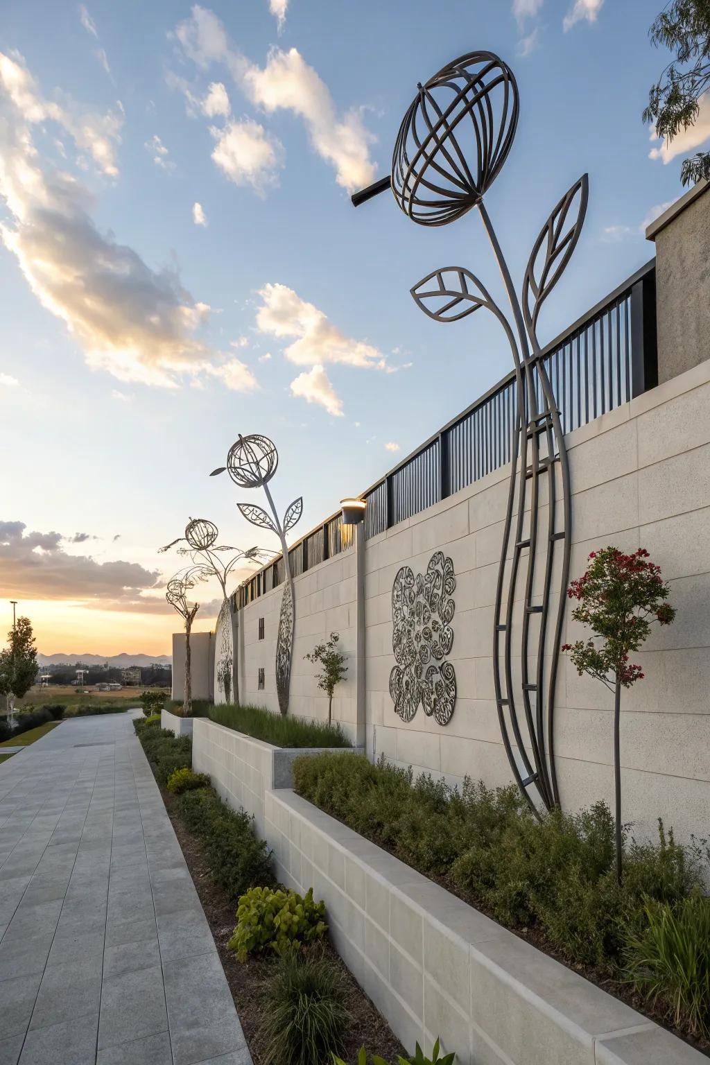 Metal art adds a contemporary flair to outdoor spaces.