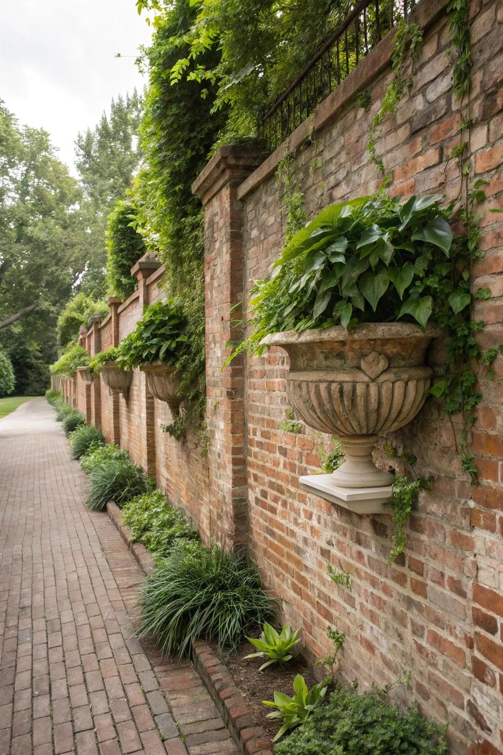 Rustic charm meets natural beauty with brick wall planters.