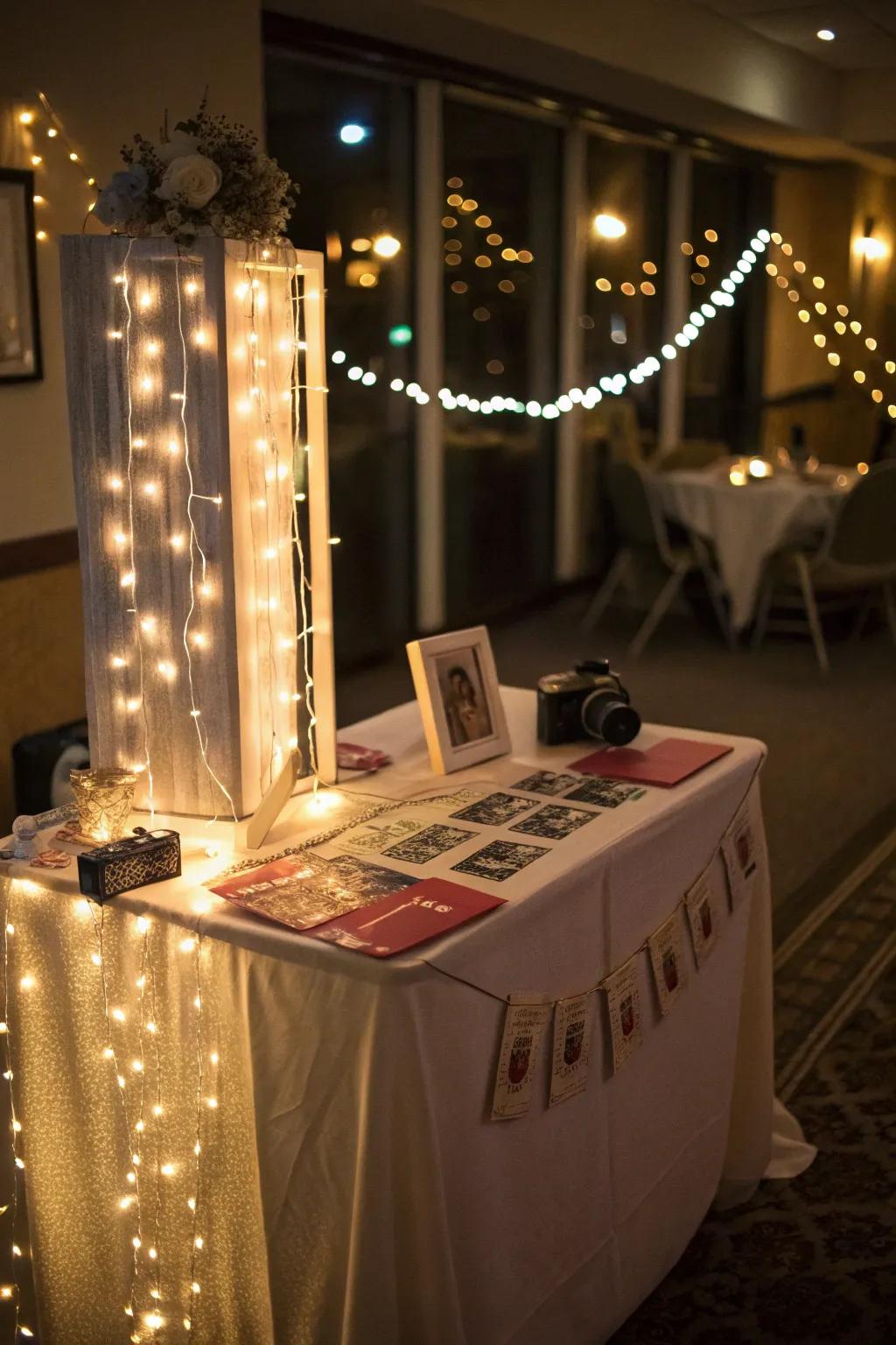 String lights add a magical touch to your photo booth table.