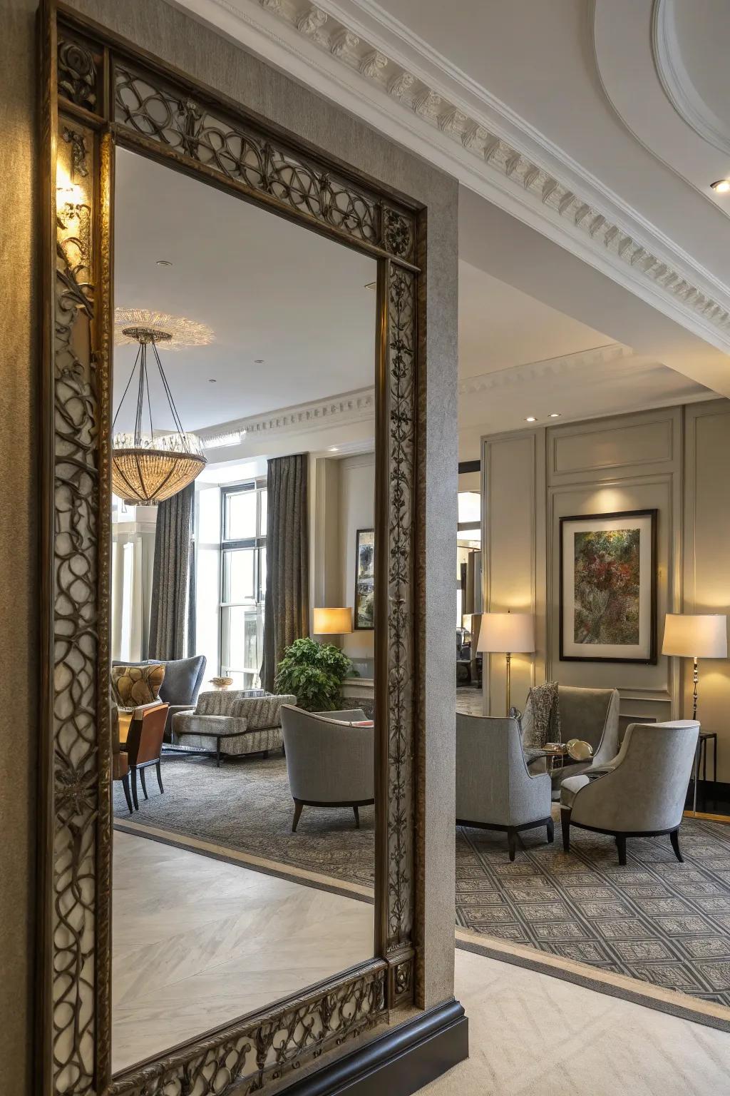An exquisite mirror reflecting a fashionable room bathed in natural light.