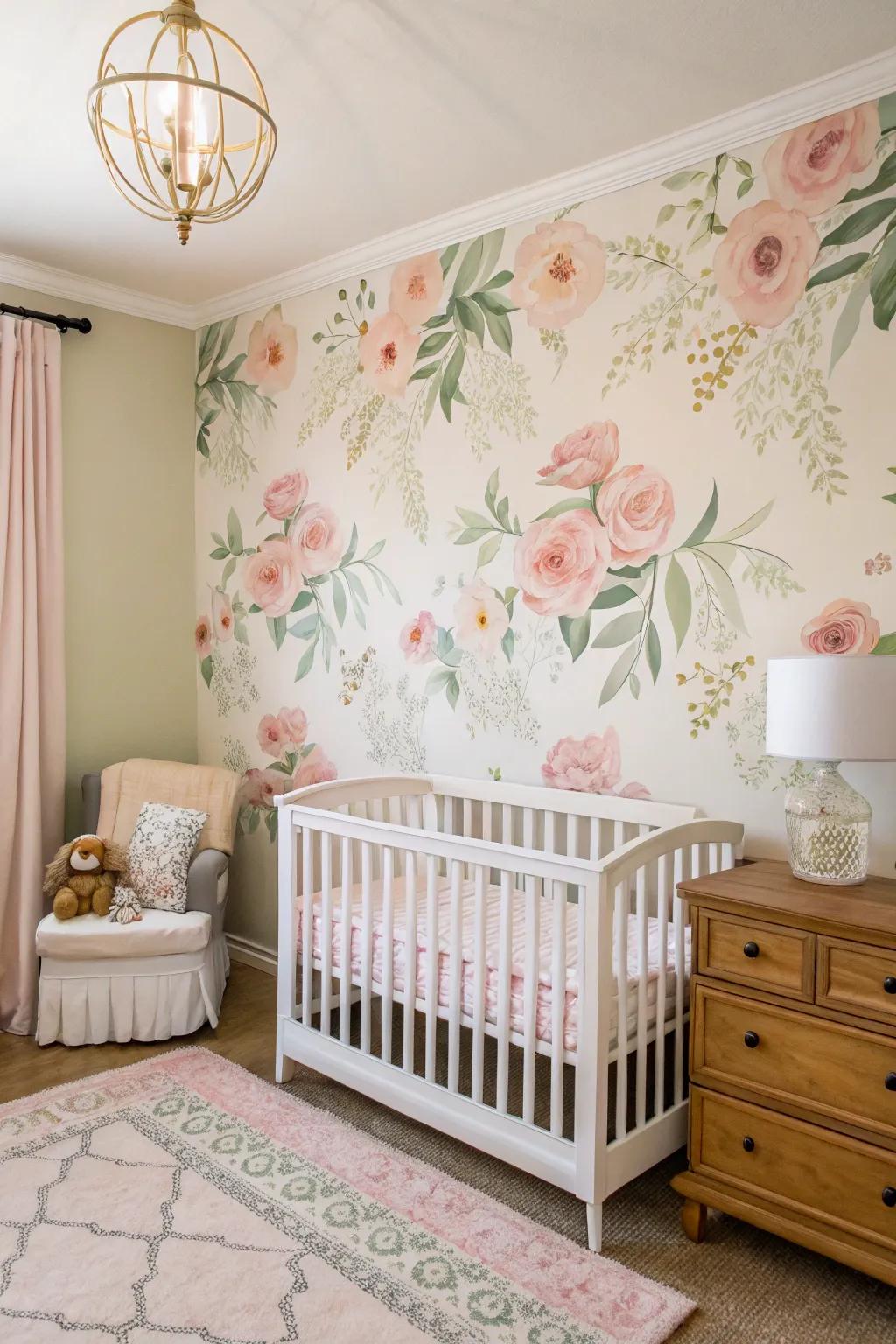 A floral accent wall incorporates an enchanting touch to the nursery's design.