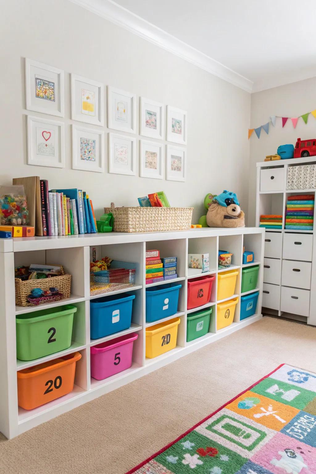 Playroom with cubbies and colorful bins, making toy organization a breeze.