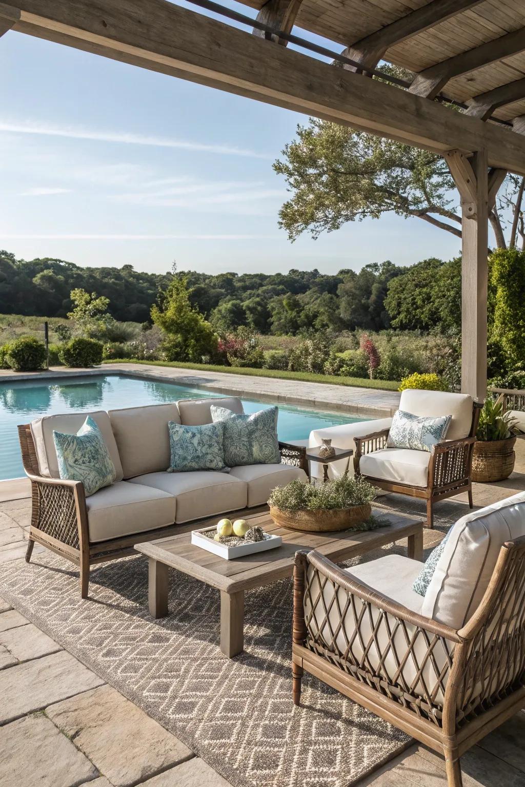 An outdoor living room setup makes your poolside an inviting space for gatherings.