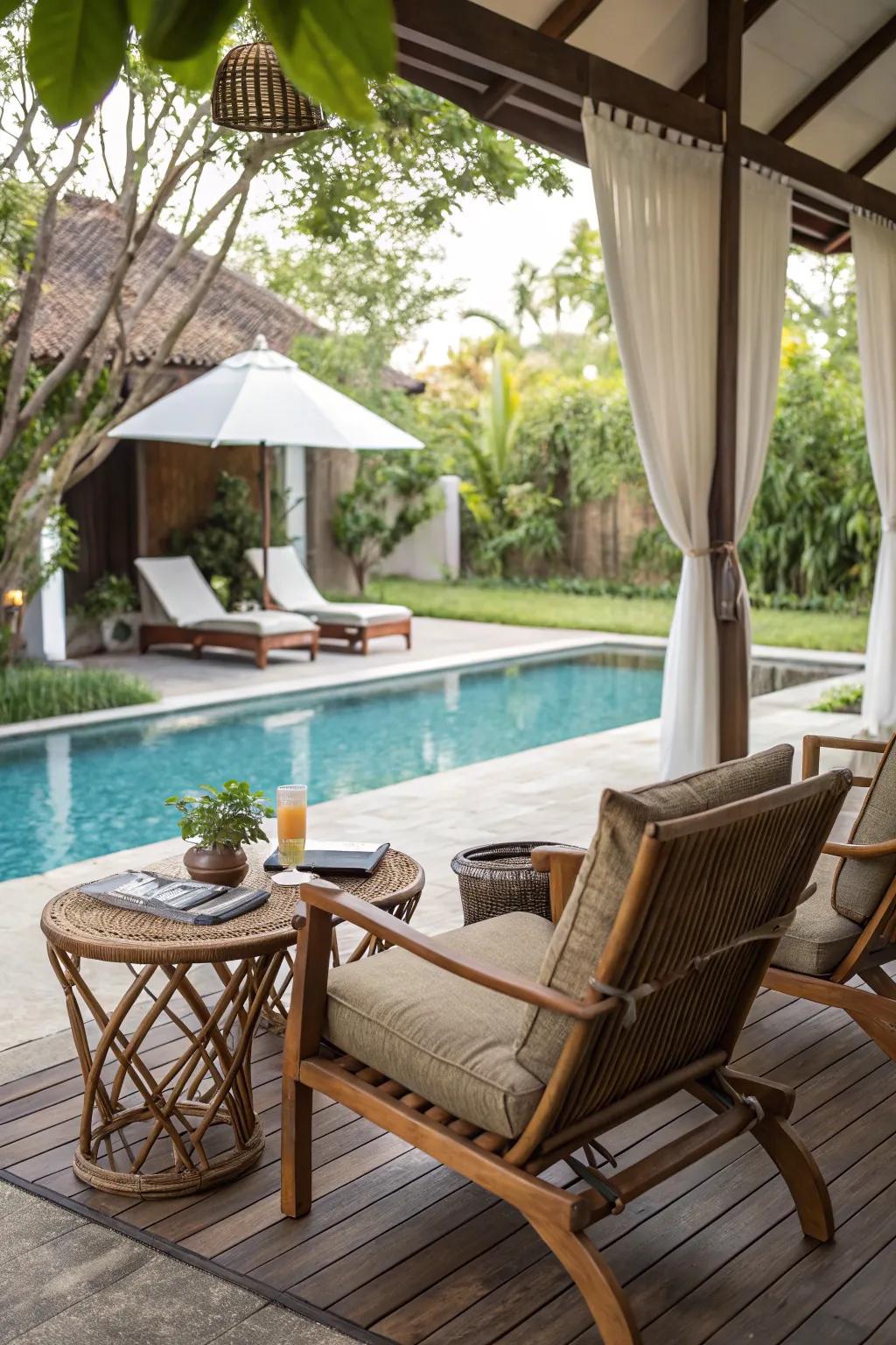 Unwind in style with a cozy outdoor seating area by the pool.