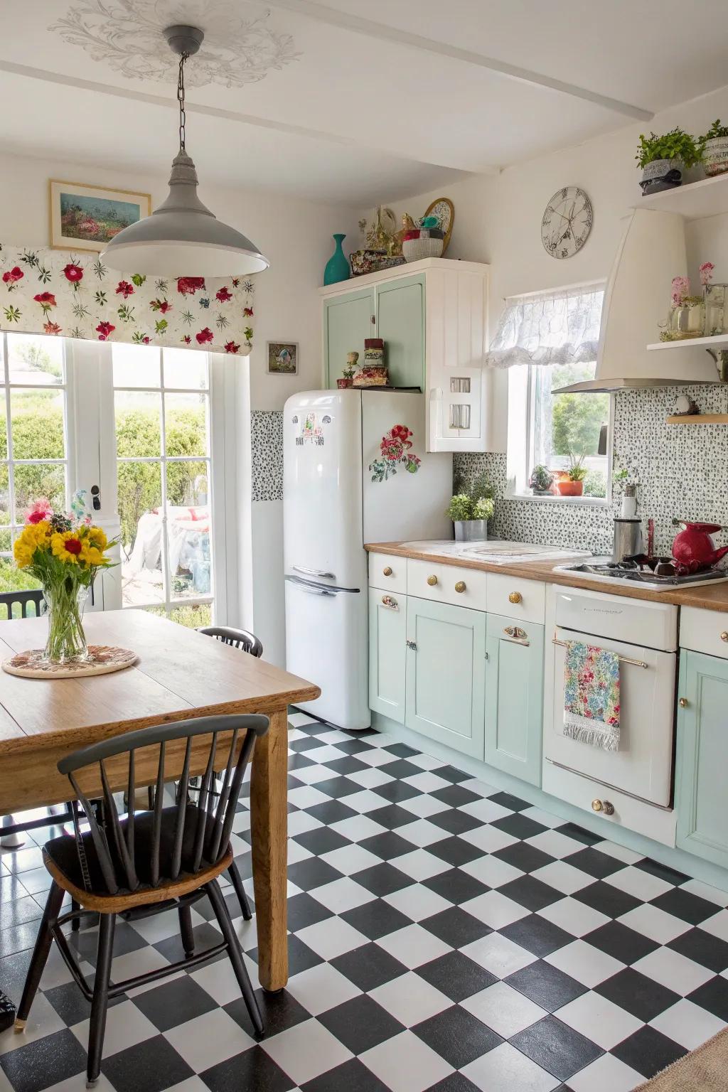 Checkerboard patterns add a classic and playful design element to your kitchen.