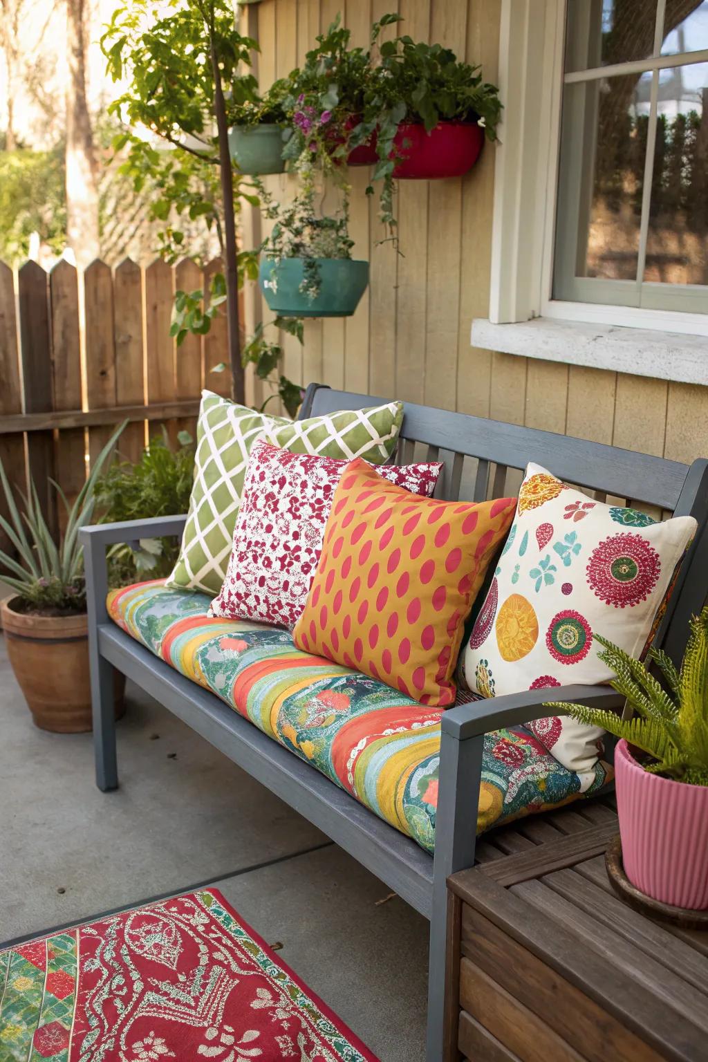 Vibrant cushions bring life to a simple porch bench.