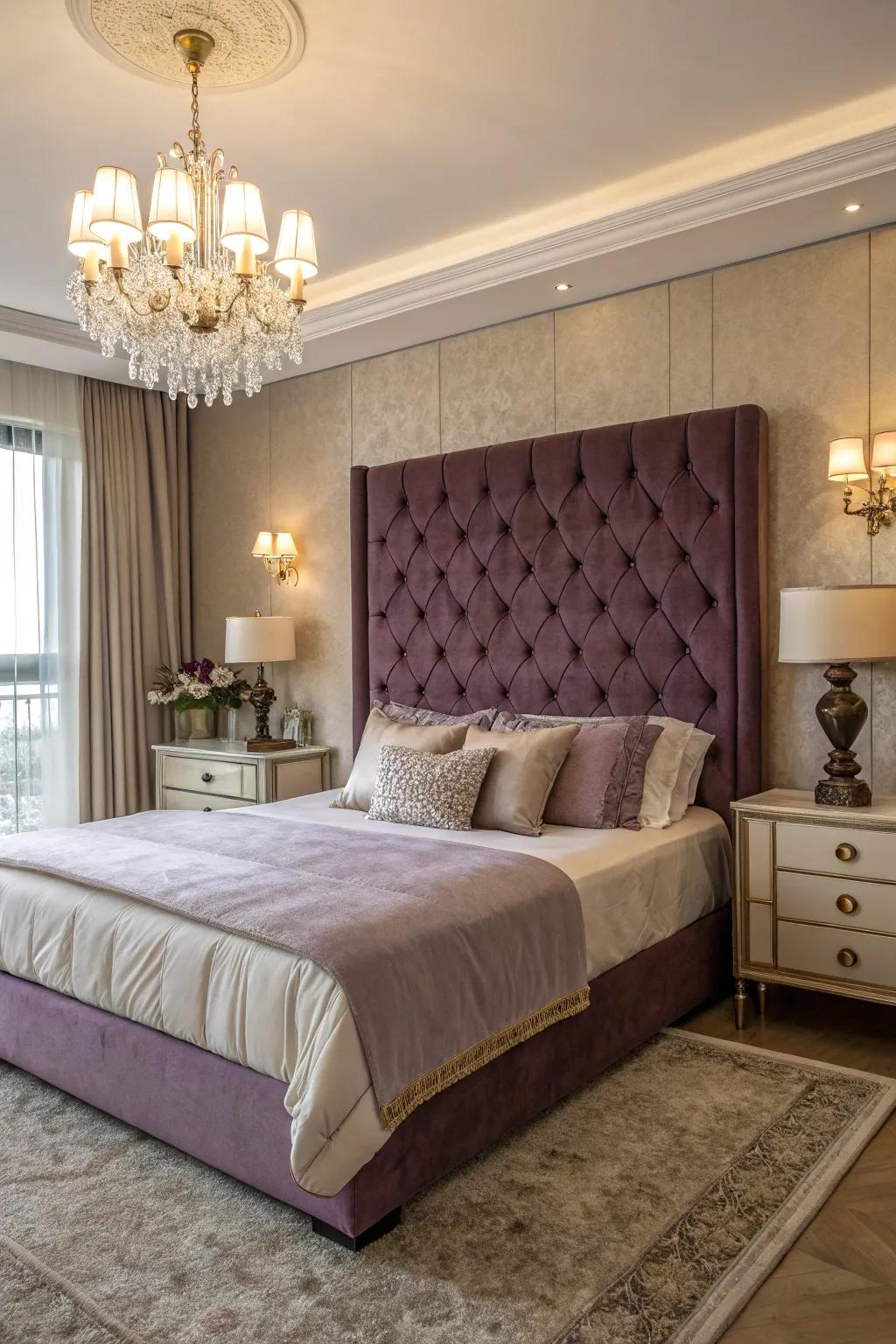 A velvet plum headboard adds sophistication and elegance to the room.