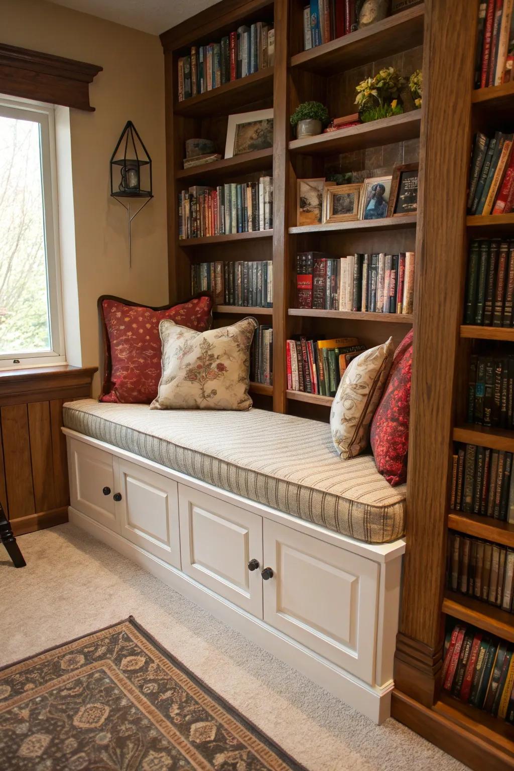 A reading nook with hidden storage for books and essentials.