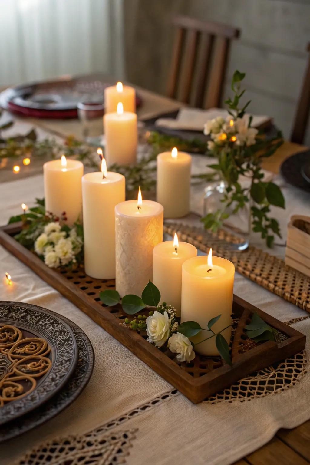 A peaceful table arrangement enhanced by the gentle glow of wax tapers.