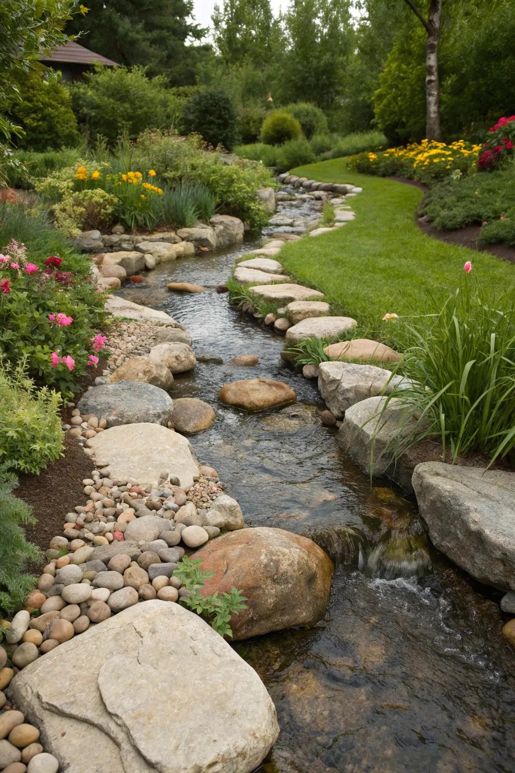 River rocks arranged to mimic a serene stream.